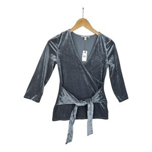 NEW‎ Express One Eleven Silver Gray Velvet Ribbed Wrap Tie Top  Blouse Size XS